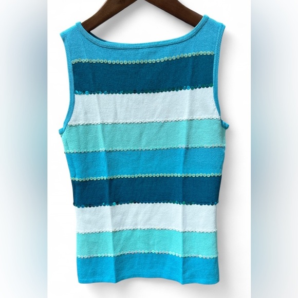 Anne Klein Collection Blue Striped Sequin Coastal Euro Summer Tank Top Small - Picture 4 of 8